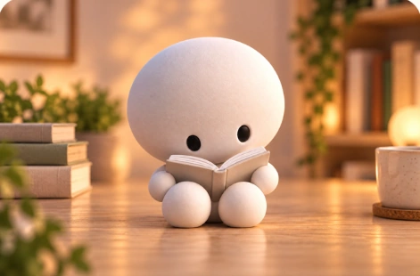 Bookworm character concept, sitting with a book