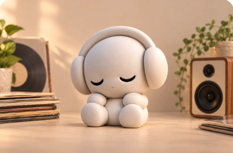 EarBudz character concept, sitting with headphones