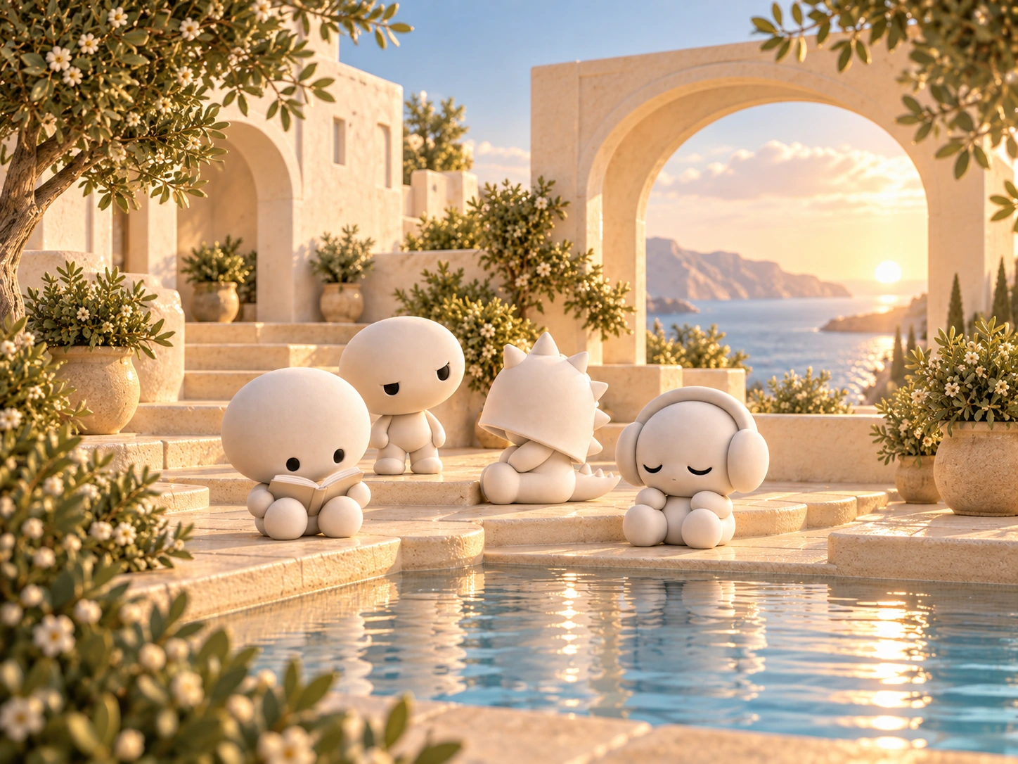Dino, EarBudz, Skeptik, and Bookworm together in the warm cream courtyard from the first Our World artwork